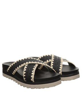 NWT Bearpaw Cross Woven Raffia Faux Leather Slide Sandals Black / Off White 7M